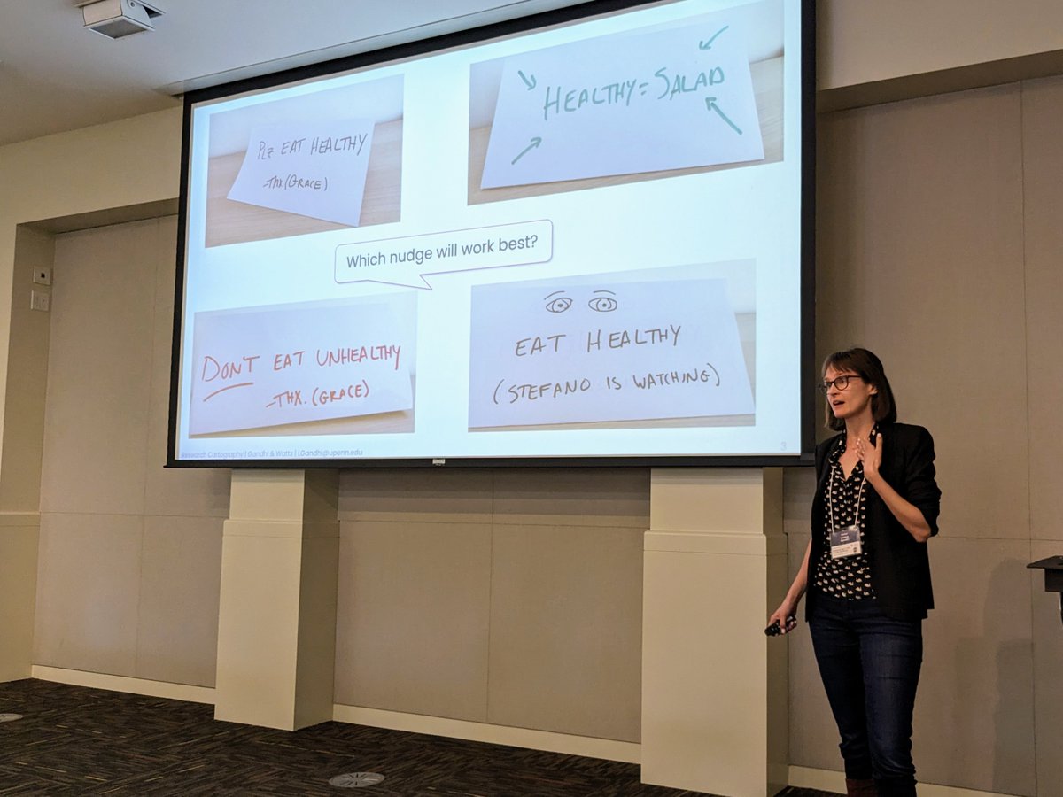 <a href="/donandrewmoore/">Don Moore</a> <a href="/BerkeleyHaas/">Haas School of Business</a> <a href="/LinneaGandhi/">Linnea Gandhi</a> of <a href="/csspenn/">CSSLab at Penn</a> opens by asking the million dollar question: which behavioral nudge approach will get us to choose the healthy lunch option🤔 Her work explores how to improve the generalizability, transparency, + commensurability of #nudge research. #BITSSFW2023