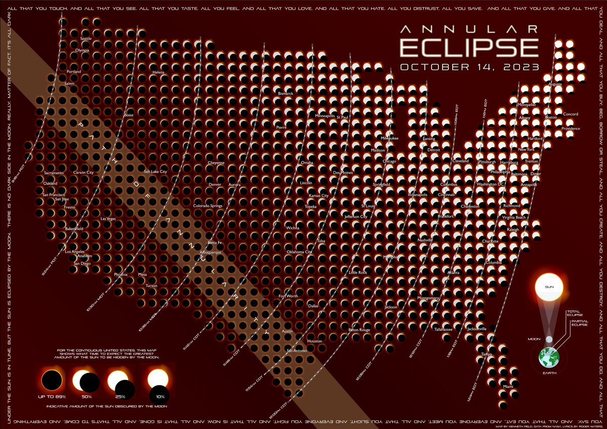 Just in time for tomorrow's #AnnularEclipse in the USA here's my map showing time of maximum eclipse, by location, and what extent you might expect to see (assuming no cloud cover). Use solar viewing glasses!!! #map #cartography #AnnularSolarEclipse #Eclipse
