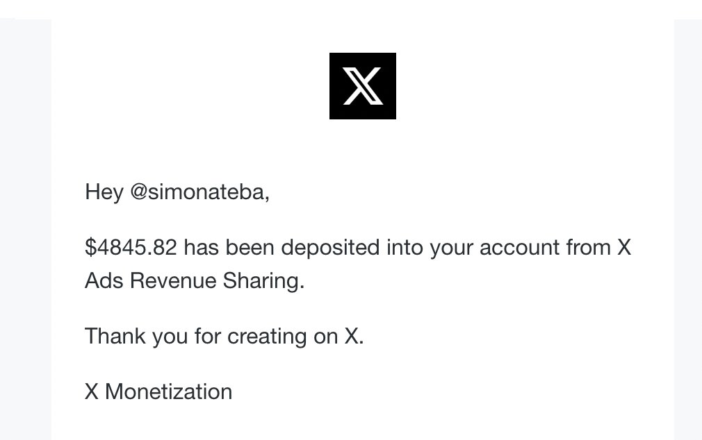 simonateba's tweet photo. Thank you again X for paying me nearly $5000 for 2 weeks of ads. Kindly recommend a few charities that I can also donate to monthly as long as I keep getting paid. You can't just keep getting $5000 every two weeks plus subscriptions and keep it all. How is that fair? https://t.co/kxs7gJBQTE