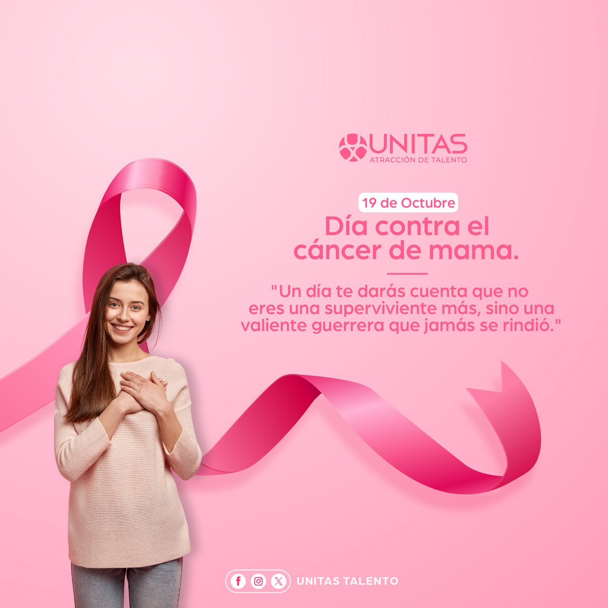 El 19 de octubre es un día especial en el que el mundo se une para crear conciencia sobre el cáncer de mama:

💖 La esperanza es nuestra fuerza.
💪 Juntos somos más fuertes.
🌸 Apoyémonos mutuamente en esta batalla.
🎗️ La conciencia salva vidas

#TalentoUnitas #octubrerosa