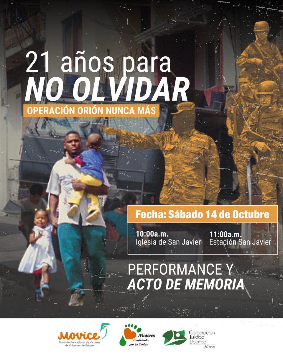 cjlibertad's tweet photo. 🗓️Se cumplen 21 años de la #OperaciónOrión en la Comuna 13 de Medellín, la incursión militar urbana más grande que ha tenido el país.
 
Nos vemos mañana Sábado 14 de octubre📍
⏰A partir de las 10a.m. https://t.co/VWeS8FtwzR