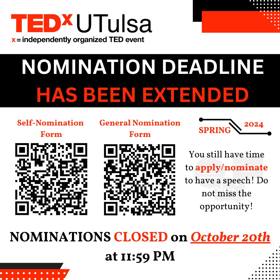 GREAT NEWS: NOMINATION DEADLINE HAS BEEN EXTENDED!

We decided to extend the deadline until October 20th at 11:59 P.M.! 

If you have a worth-sharing idea, do not hesitate to take our stage this Spring TEDxUTulsa 2024! Or if you know someone who does, nominate them!
