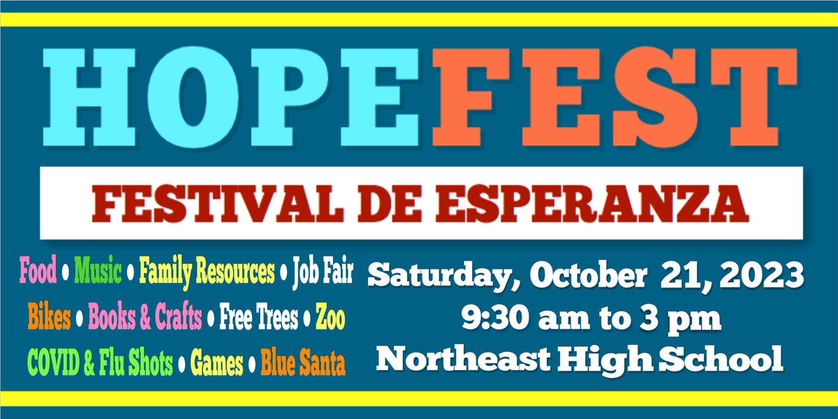 AustinVoices's tweet photo. 18th Annual HOPEFEST Sat. Oct. 21st 9:30-3 @NortheastECHS Free games, food, fun, music, resources, health screenings, job fair and more! @aratisingh @webbwildcats053 @PickleECP @DobieATX @CTXFoodBank @aisdparents @EdAustin_TX @LYNNforAISD @pastors4txkids https://t.co/vQDY4ecMxO