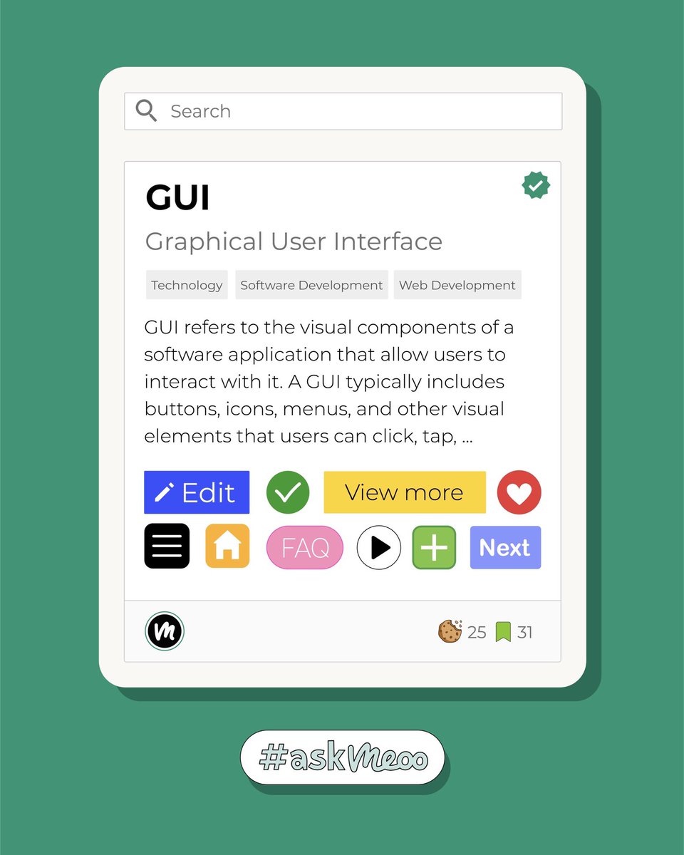 ask_meoo's tweet image. GUI refers to the visual components of a software application that allow users to interact with it. A GUI typically includes buttons, icons, menus, and other visual elements that users can click, tap, or drag to perform tasks within the software application.

#askmeoo #acronyms