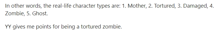 nathancoppedge's tweet photo. YY gives me points for being a tortured zombie. #RealLife #PersonalityTests #Problems #Overcompensation #GeniusTest #Testing #Intelligence #PleasureandPain #HowIsLife #IdeologicalConstructs #IQ #CharacterTraits https://t.co/FVnr2Hx3fq