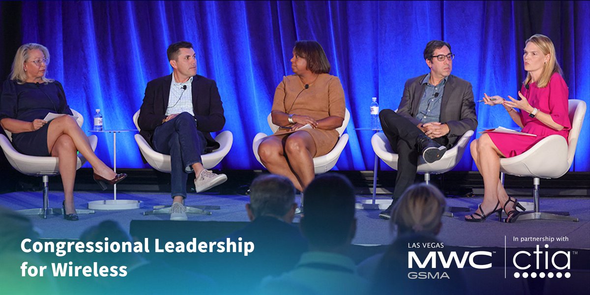 CTIA's tweet photo. At #MWC23, we heard from @Dish’s @JeffBlumDISH, @Verizon’s @rfishdog, @ATT’s Katreice Lindley-Banks, and @TMobile’s Christine Kurth as they further emphasized the critical need for more #licensedspectrum to maintain America’s wireless leadership. Watch: https://t.co/h5hTXEbKfN https://t.co/RpPssVWNVR