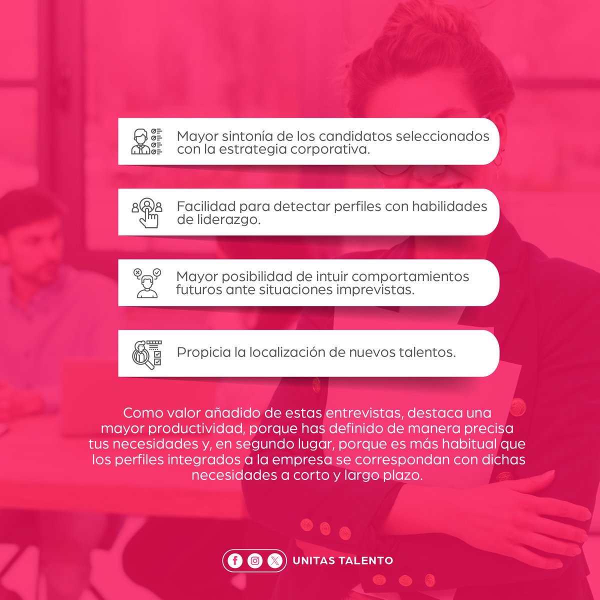 Las entrevistas por competencia, también conocidas como entrevistas conductuales o basadas en competencias, son una técnica de selección de personal que se centra en evaluar las habilidades y comportamientos específicos de un candidato.

#TalentoUnitas #agenciadereclutamiento