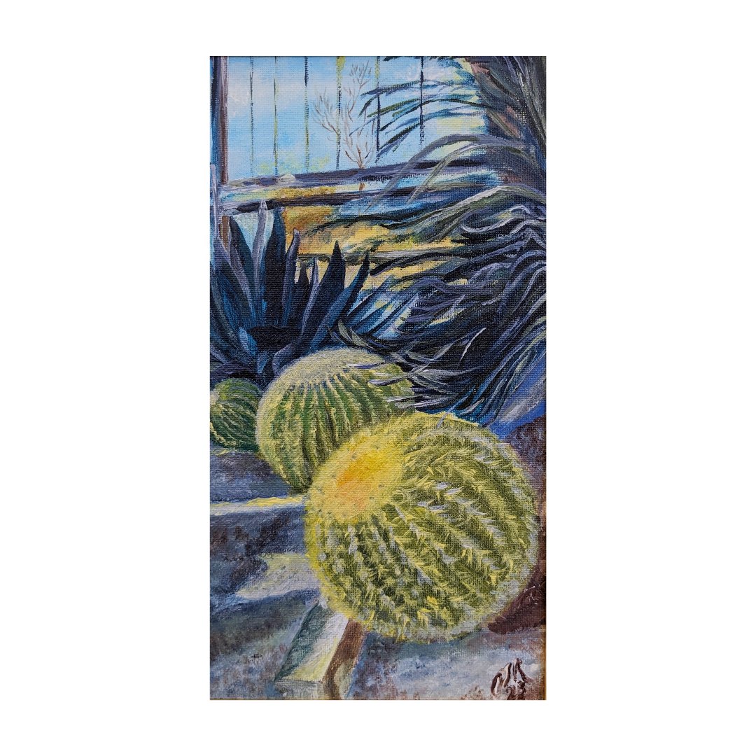 This stunning painting is 'Cactus in the Botanical Gardens, Amsterdam', by Colette Scanlon, generously donated by Colette to our Charity Exhibition taking place later this month. 
Colette juggles painting with a busy life as a local GP.  
Thank you  Colette, we love your work