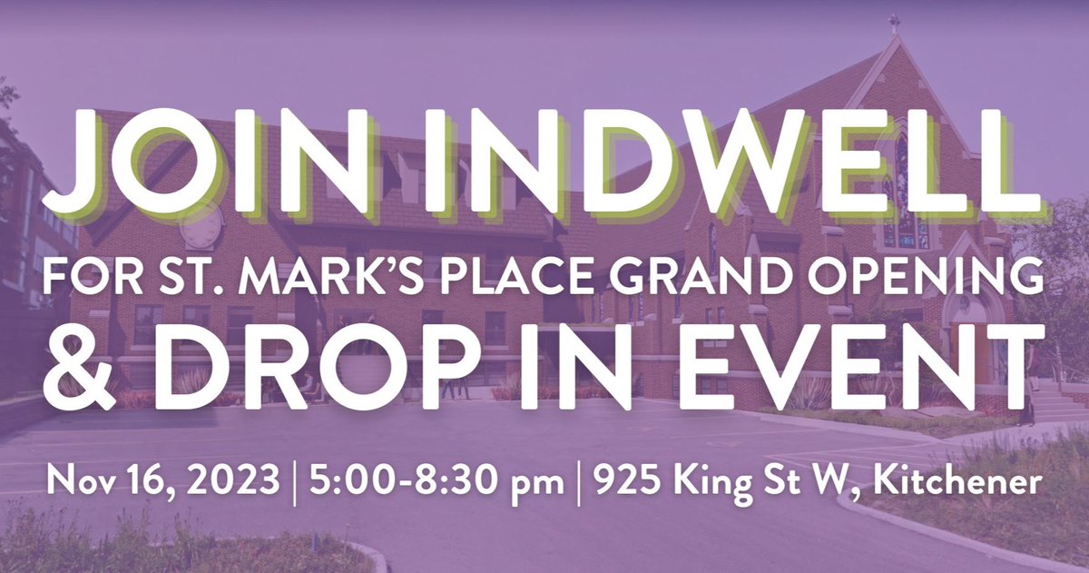 IndwellCA's tweet photo. Hey Waterloo Region! 🥳 Join us for the Grand Opening of St. Mark's Place on November 16, held at the former St. Mark's Lutheran Church location. Drop in between 5:00 - 8:30 pm for cake, tours and conversation. 🍰

Details: https://t.co/jMUdkK3jph

#waterlooregion #HopeAndHomes https://t.co/ljoKJ1zhwA