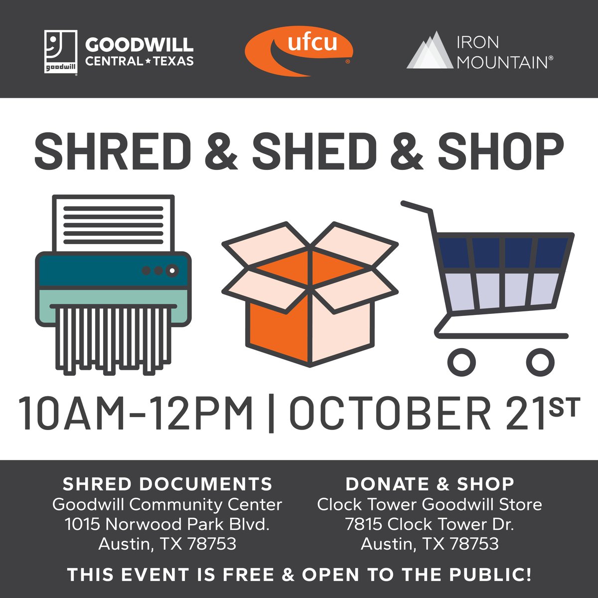 UFCU (@ufcu) on Twitter photo Protect your identity and enjoy smart shopping all in one go. Join us October 21, for a free shredding event with <a href="/AustinGoodwill/">Goodwill Austin</a> from 10AM to 12PM CST or until the truck is full. Then head across Clock Tower Dr. to Goodwill to shop!
ufcutx.org/3tiilzB Protect your identity and enjoy smart shopping all in one go. Join us October 21, for a free shredding event with <a href="/AustinGoodwill/">Goodwill Austin</a> from 10AM to 12PM CST or until the truck is full. Then head across Clock Tower Dr. to Goodwill to shop!
ufcutx.org/3tiilzB