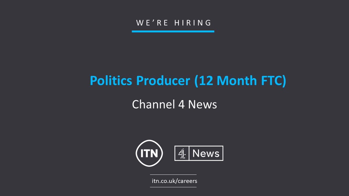 We have a really exciting opportunity at @Channel4News as a Politics Producer. This is a 12 Month FTC. #PoliticsProducer #ITNCareers #C4News Apply: bit.ly/3QjarPO