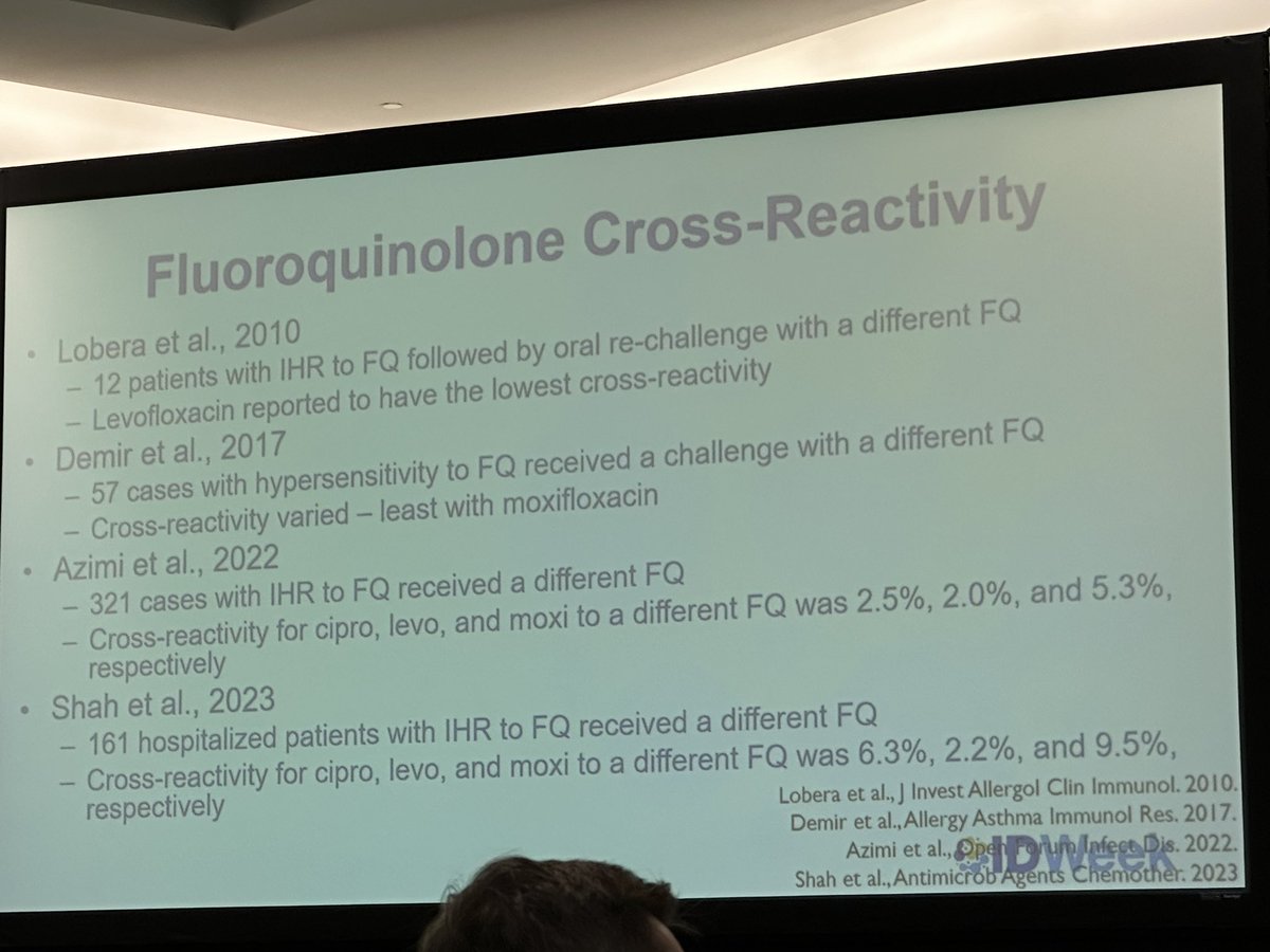 Kim Blumenthal has observed that moxifloxacin is the fluoroquinolone allergy that patients report most often. Wes Kufel reviews the literature on cross-reaction with other FQs is about 2% and levofloxacin is generally the best tolerated #IDWeek2023 <a href="/KimberlyBlumen1/">Kimberly Blumenthal, MD, MSc</a> <a href="/WesKufel/">Wes Kufel</a>