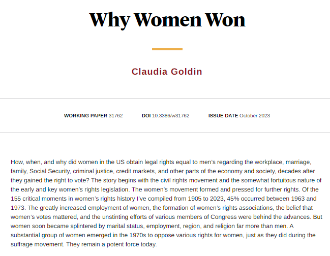 NBER (@nberpubs) on Twitter photo How, when, and why women in the US obtained legal rights equal to men’s regarding the workplace, marriage, family, SS, credit markets, and elsewhere in the economy, from <a href="/PikaGoldin/">Claudia Goldin</a> nber.org/papers/w31762 How, when, and why women in the US obtained legal rights equal to men’s regarding the workplace, marriage, family, SS, credit markets, and elsewhere in the economy, from <a href="/PikaGoldin/">Claudia Goldin</a> nber.org/papers/w31762