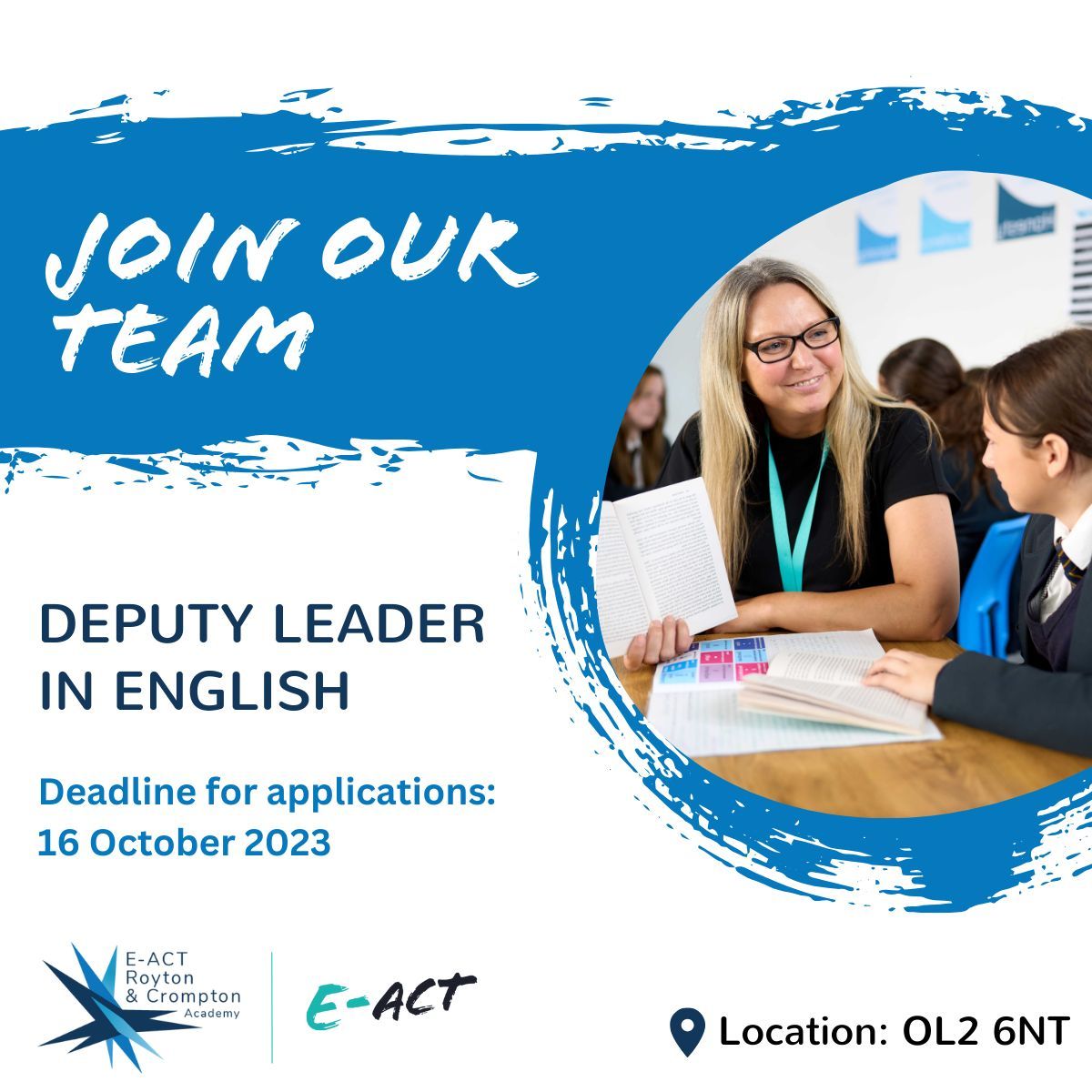 If you are an English teacher who is enthusiastic, committed to delivering the highest standards of teaching, and wish to support the development and delivery of English in KS 3&4; join our dedicated team here at E-ACT Royton and Crompton Academy. Apply: buff.ly/3LT55If