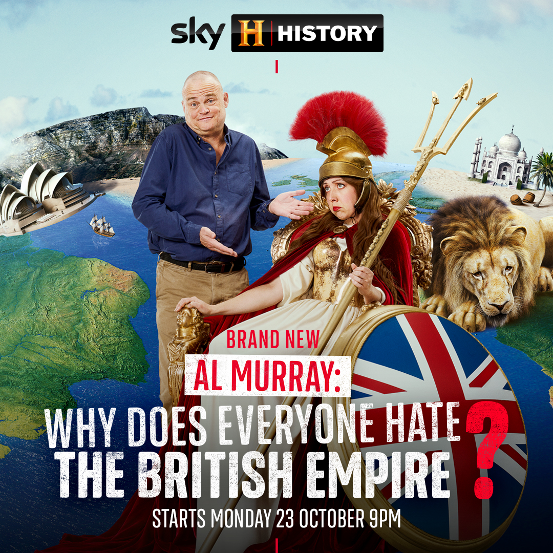 HISTORYUK's tweet photo. Was the British Empire really that bad? 🤔 @almurray will get the answer when he visits India, Jamaica, South Africa and Australia to explore the history of colonial rule.
 
Al Murray: Why Does Everyone Hate The British Empire? 🇬🇧 starts Monday 23rd October at 9pm! https://t.co/VcXyjjL3M0