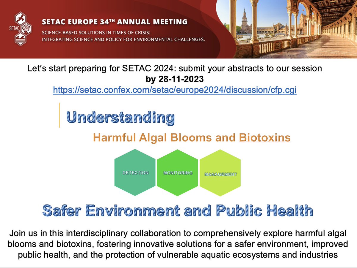 🚨Call for abstracts! Submissions are open for #SETACSeville. Join us at  session 4.24 | Harmful Algal Blooms (HABs) And Biotoxins - Detection - Monitoring - Management. <a href="/JMoreno_Andres/">Javier Moreno Andrés</a> <a href="/TXANKEE/">jim lazorchak</a> Marisa Passos setac.confex.com/setac/europe20…