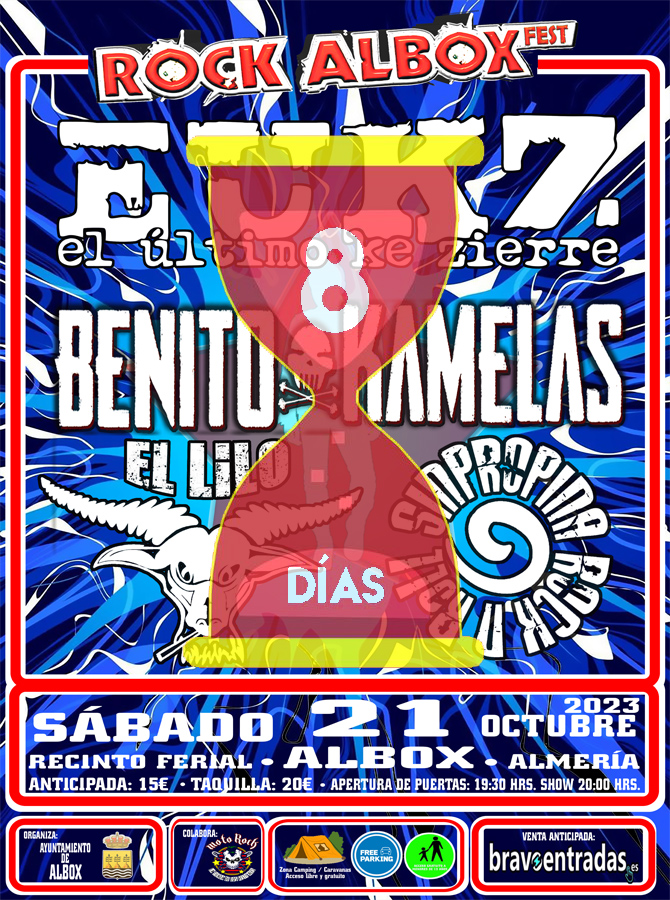 𝓡𝓸𝓬𝓴 𝓐𝓵𝓫𝓸𝔁 𝓕𝓮𝓼𝓽
 21 octubre de 2023
 Recinto ferial de Albox (Almería)
 Entradas anticipadas en: 
bravoentradas.es/es/events/38-r…
Zona de Acampada libre y Caravanas (Gratis)
Menores de 12 años acceso gratuito (Acompañados por un adulto con entrada)