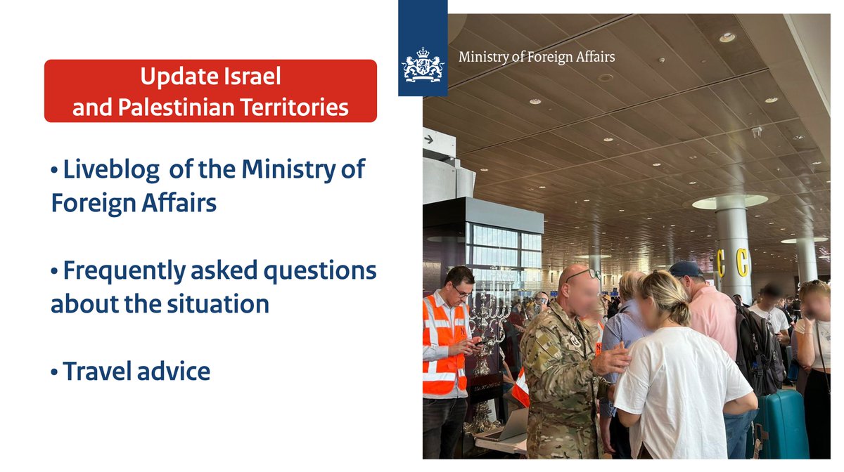 Find the latest updates of the ministry, as well as frequently asked questions and answers about the situation in #Israel and the #PalestinianTerritories, through these links:

Liveblog ➡️ government.nl/latest/weblogs…

FAQ’s ➡️ netherlandsworldwide.nl/crisis/israel/…