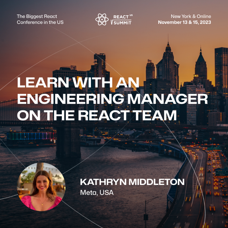 ReactSummit's tweet photo. 🎤Meet @kmiddleton14, an Engineering Manager on the @reactjs team @meta. Kathryn initially discovered #WebDev when she wanted to make her myspace page look cool. 

She ended up majoring in #ComputerScience &amp; quickly became a huge fan of React building features on Instagram team.