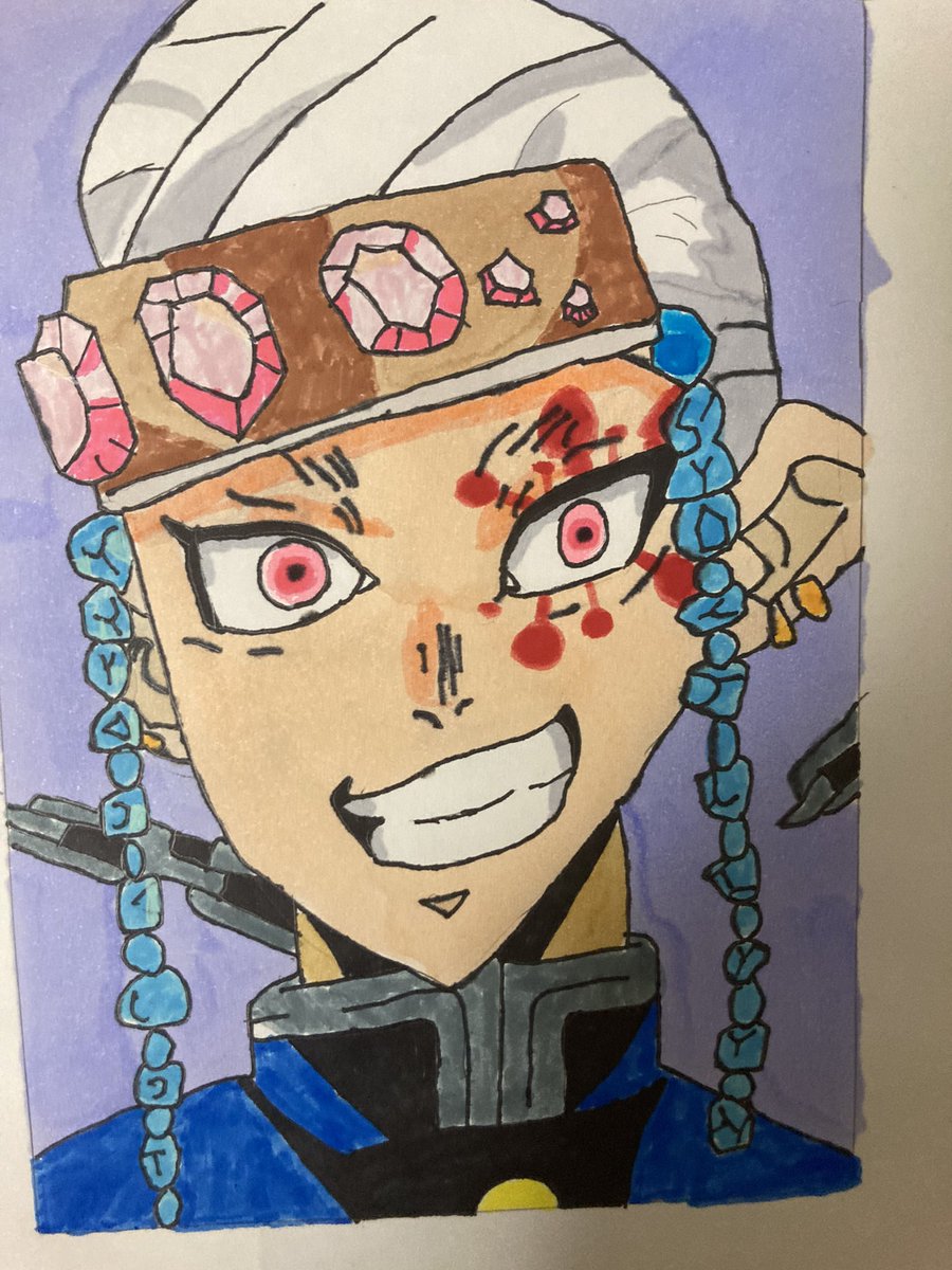201007Sora's tweet photo. 4日目鬼滅の刃の宇髄天元描いてみました！やっぱり正面画って輪郭ムズいんだなぁ #絵 #イラスト #絵が好きな人と繋がりたい #イラストが好きな人と繋がりたい #模写 #鬼滅の刃 https://t.co/nqQOsE5Dap