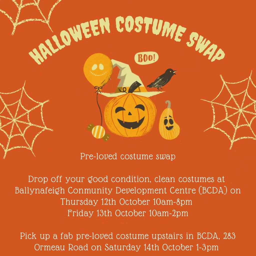 Reminder to pop round tomorrow afternoon from 1 - 3pm to pick up a pre-loved Halloween costume at the Open Ormeau Costume Swap!🎃