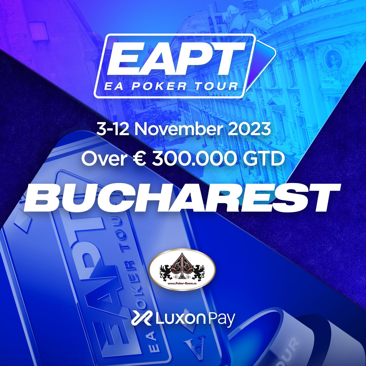 eaptpoker's tweet photo. 🇷🇴  Next stop: Bucharest!
🏆 Main Event buy-in €560 | €180K + €20K in packages GTD
⏲03 - 12 November 2023
📍  888poker Room Bucharest
Full schedule:
https://t.co/4Xq39yOWxD https://t.co/rG4TXildkA