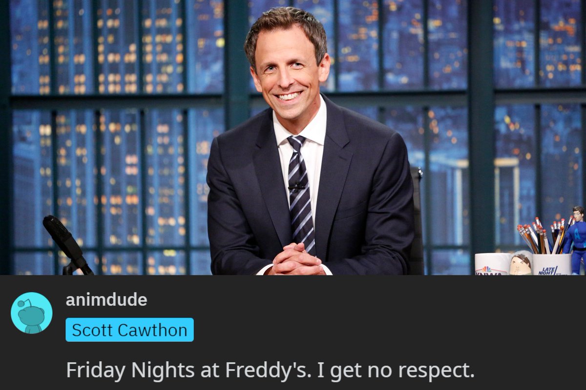 JonnyBlox's tweet photo. Jason Blum talks ‘FIVE NIGHTS AT FREDDY'S’ movie production and... how Taylor Swift almost sabotaged his marriage in a new episode of ‘Late Night with Seth Meyers’!

In a new Reddit comment, Scott Cawthon also pokes fun at Meyers for incorrectly stating the film's title.

Check out the interview here: https://t.co/FBGGsG82Hl

#fnaf #fnafmovie #fivenightsatfreddys