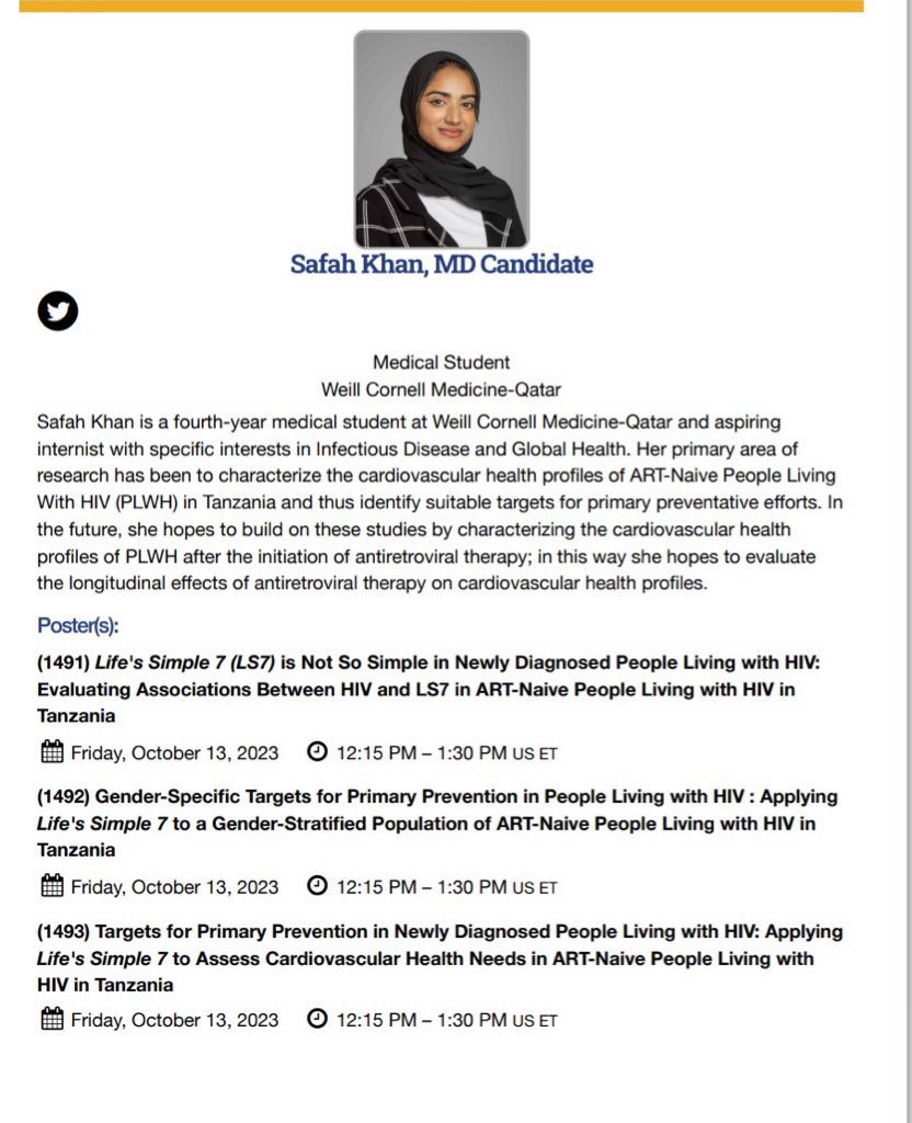 Grateful for the opportunity to present our research characterizing cardiovascular health profiles of ART-Naive People Living with HIV in Tanzania <a href="/IDWeekmtg/">IDWeek</a> on behalf of my research team✨ <a href="/RobNPeck/">Robert Nathaniel Peck</a> @Gloria Manyangu <a href="/wcmglobalhealth/">Weill Cornell Medicine Center for Global Health</a> <a href="/WCMQatar/">WeillCornellQatar</a> #IDWeek2023 #HIV #CVD #GlobalHealth