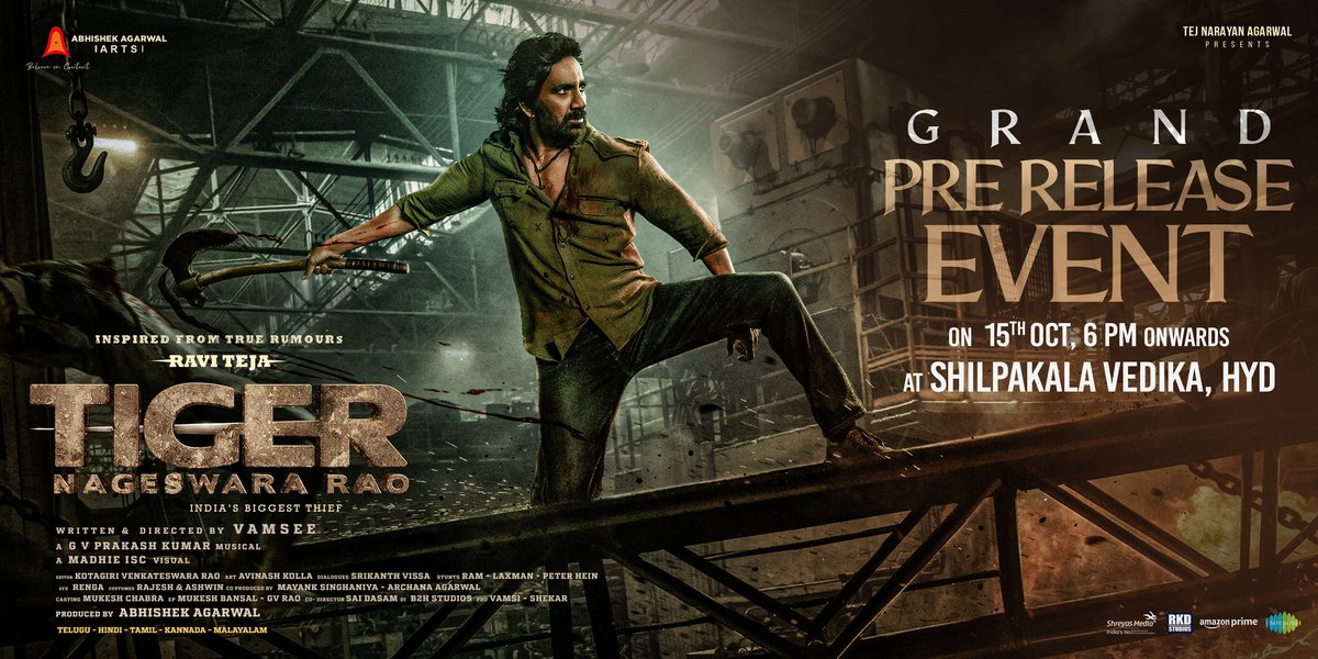 RaviTejaFlicks's tweet image. Prepare for an unforgettable night as our Tiger is all set to roar at #TigerNageswaraRao Grand Pre-Release Event 🥷🔥

@RaviTeja_offl  🐯❤🔥
🗓️ OCTOBER 15th
🕒 6 PM Onwards
📍 Shilpakala Vedika