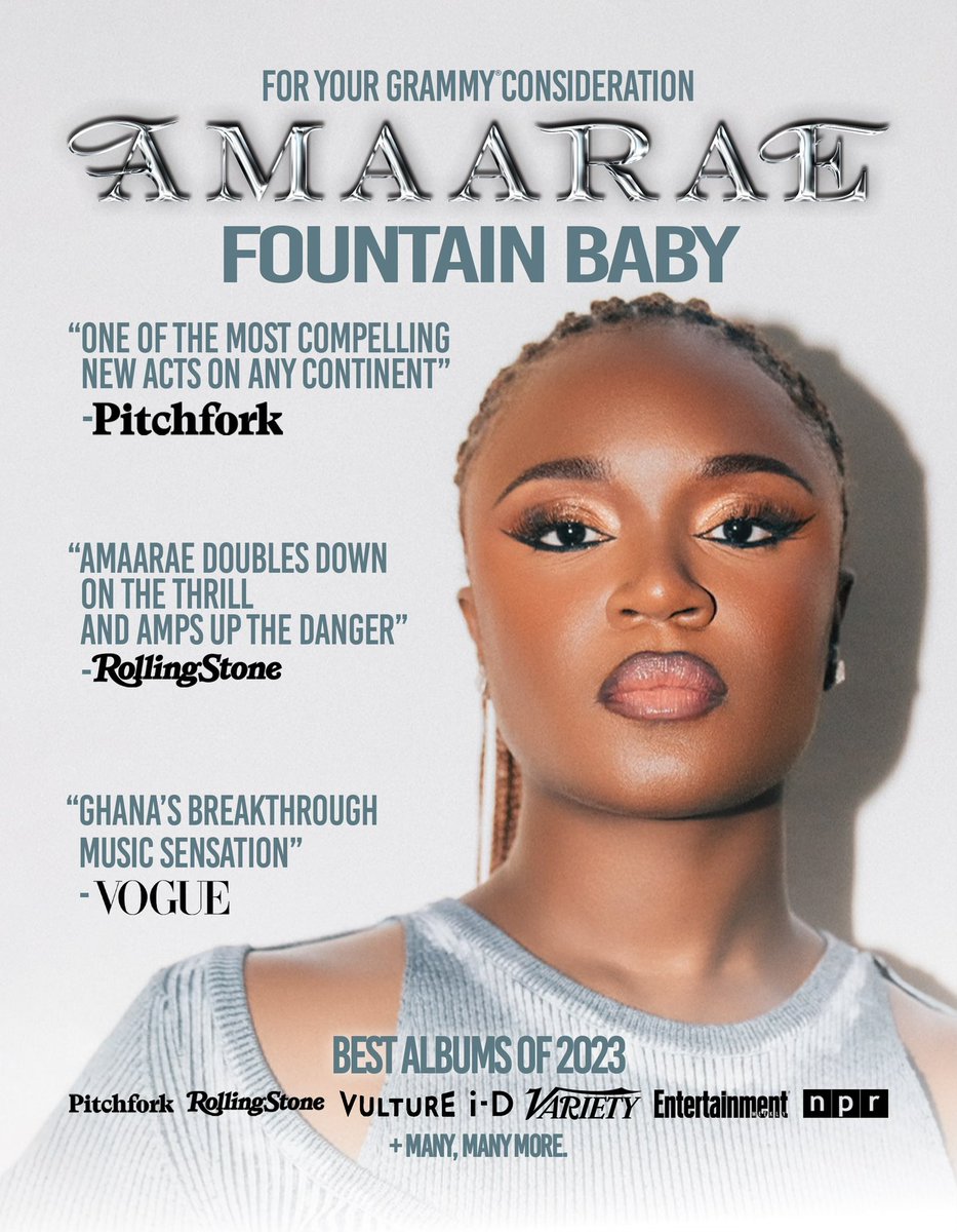 I am very excited to share that my sophomore album, Fountain Baby, and songs off it, are up for nomination consideration at this year’s Grammys. 

It’s been an incredibly exciting journey and I’m glad to know that the record has resonated with so many from around the world.