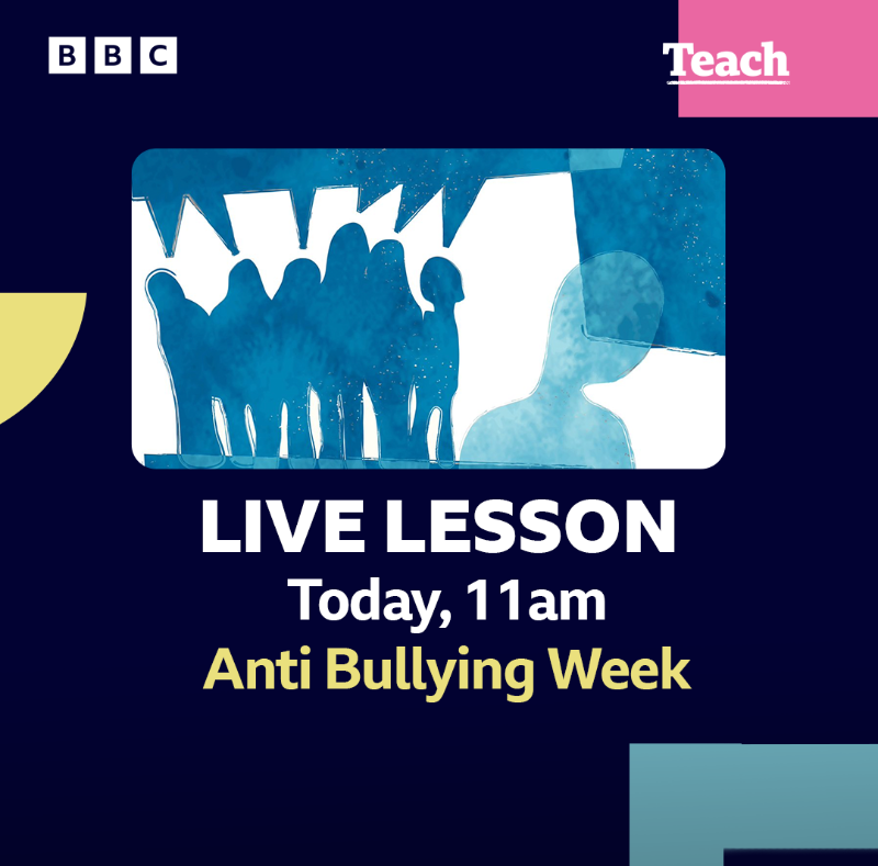 Join us for the BBC Teach Anti-Bullying Week Live Lesson at 11am today. The programme will highlight some of the issues around bullying and the support available. ➡️ bbc.in/3RXV5S0 #BBCLiveLessons #AntiBullyingWeek2023 @ABAonline @KatieThistleton @ThisIsTeeCee