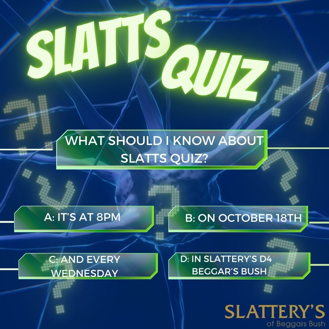 SlatterysPubD4's tweet image. Join us for a midweek mental workout at SLATTS QUIZ!

Every Wednesday, we're serving up brain-teasers, laughter and good times. Are you up for the challenge?🧠💡🧩

🎟️ Get your tickets here: eventbrite.ie/e/slatts-quiz-…

#PubQuiz #DublinEvents #WhatsOnDublin #Comedy