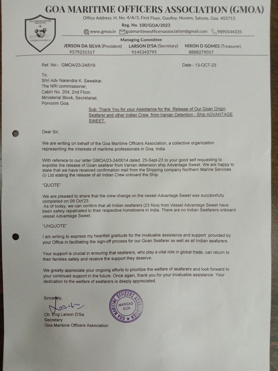 NRICommission's tweet photo. Today @NRICommission received appreciation letter from the Goa Maritime officers Association for the efforts taken by our office for safely repatriating all Indian seafarers(23 nos.)including the Goan seafarer from Iranian detention-ship ADVANTAGE SWEET.@dgship_goi @GoanSeamen https://t.co/7jFywYtslr