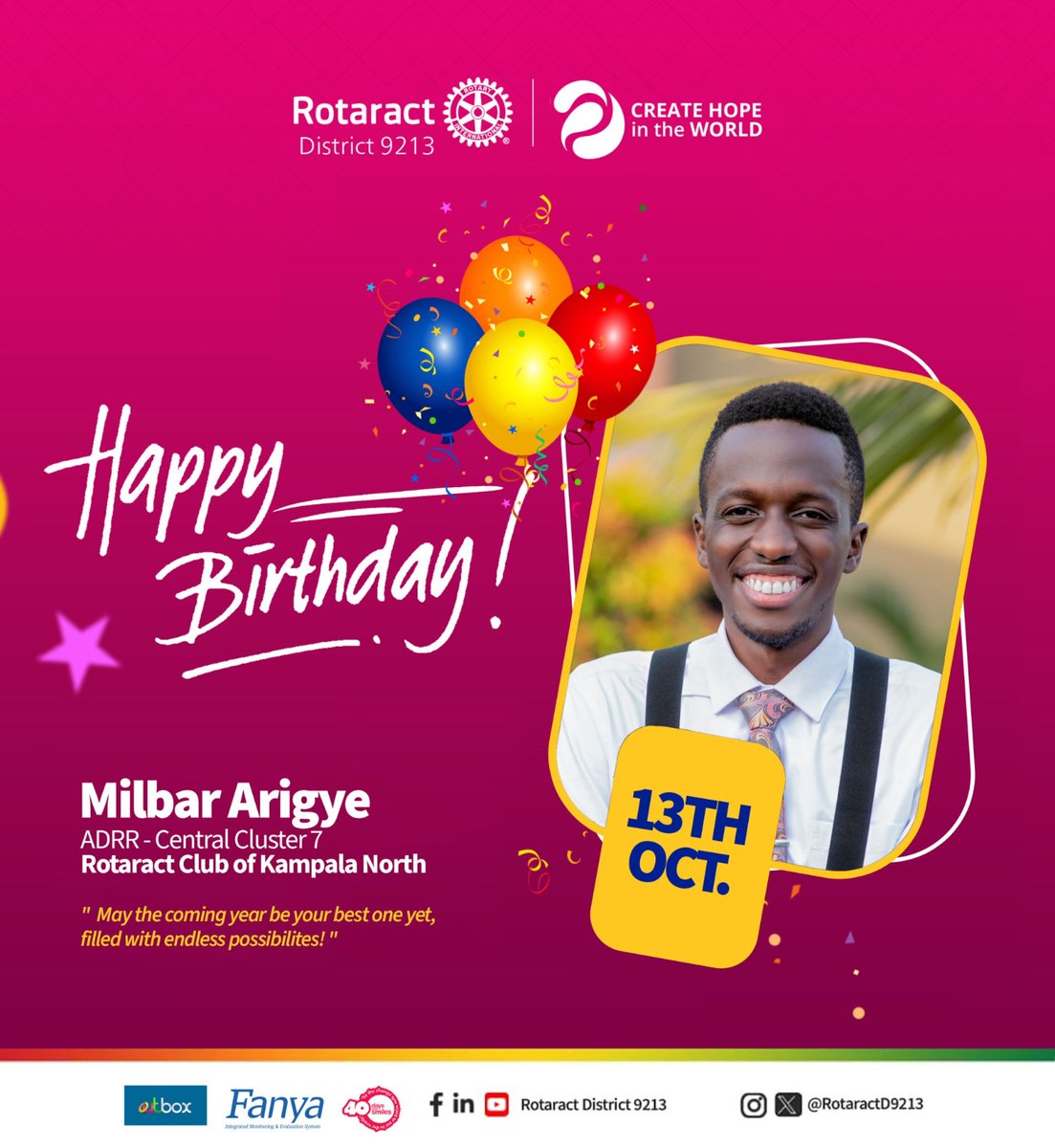 RotaractD9213's tweet photo. Today, we celebrate not just your birthday, but also the remarkable leadership you bring to the central cluster 7 clubs. As you add another candle to the cake, may the flame of your influence continue to illuminate pathways for positive change. Here's to a year of continued impact and shared victories, Milbar!
🎈🥂
#D9213Birthdays