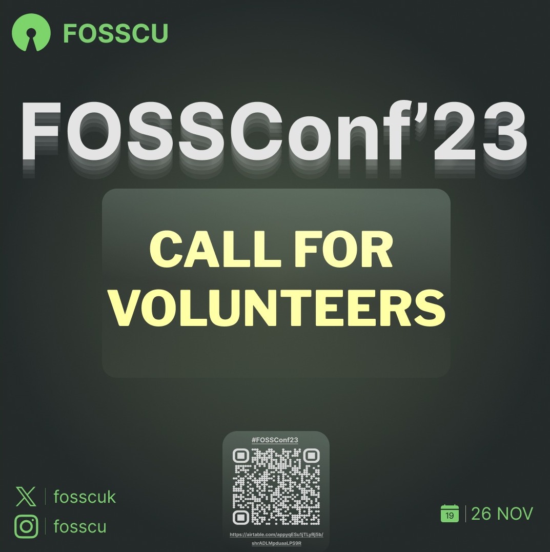fosscuk's tweet photo. Hey, FOSSConf 2023 is just around the corner and we need YOU! 🌟 Whether you’re into logistics 🚚, tech support 💻, or even crafting your own unique role 🎨, there’s a spot for you. Come make this event epic with us! 🎉 
https://t.co/ftU8jDhLz1
#FOSSConf2023 #VolunteerNow https://t.co/mzbqkXKPw6