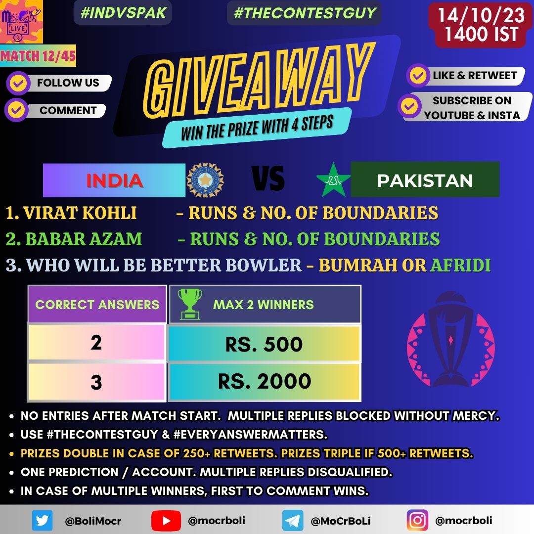 BoliMocr's tweet photo. 🏏 #CWC23 CONTEST ALERT 🏏
 
Match 12= INDIA🇮🇳 - PAKISTAN🇵🇰

-Follow, RT & Like.
- Use #TheContestGuy & #EveryAnswerMatters
- More Retweets, Higher Prizes

#INDvPAK #INDvsPAK #NZvBAN #NZvsBAN