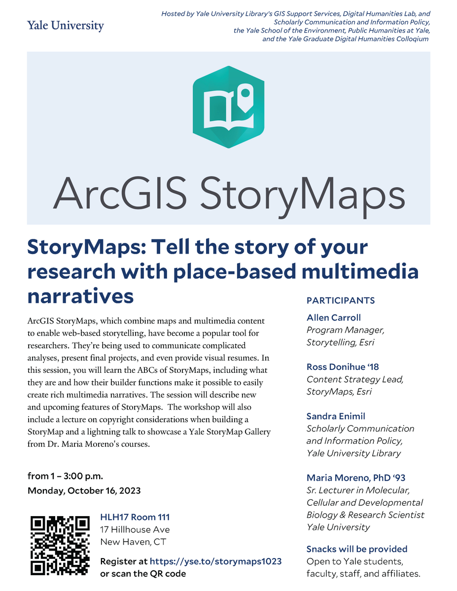 @ArcGISStoryMaps are effective in disseminating findings. Join us Monday, 10/16/23 & learn how to build one from #StoryMap and #copyright experts @AllenCarroll @RossDonihue @CopyrightLady. As a plus, Dr. Maria Moreno will showcase student projects. RSVP schedule.yale.edu/calendar/instr…