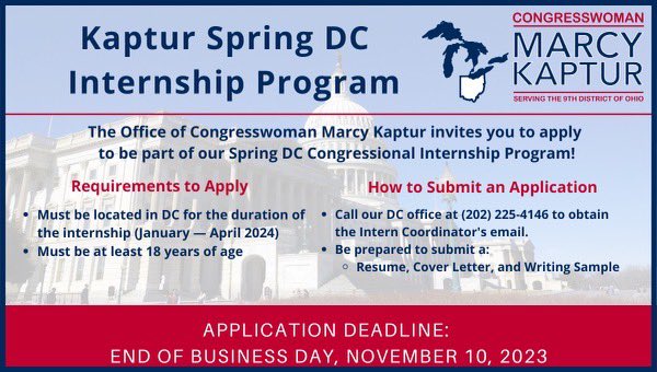 RepMarcyKaptur's tweet photo. Delighted to announce we are accepting applications for the Spring 2024 internship cohort in our DC Office. We are looking for hardworking, bright individuals that want to gain invaluable experience working in public service — apply now! https://t.co/bO1ocj42jK