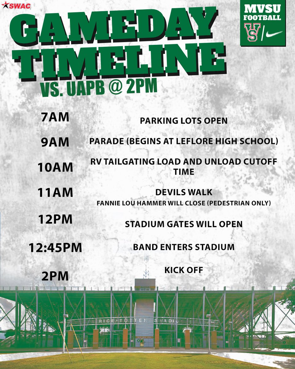 Here’s the MVSU Gameday Timeline vs. UAPB on Saturday at 2PM! See you there ‼️‼️ #TheTimeIsNow #GreenandWhiteOut #70YearsofFootball