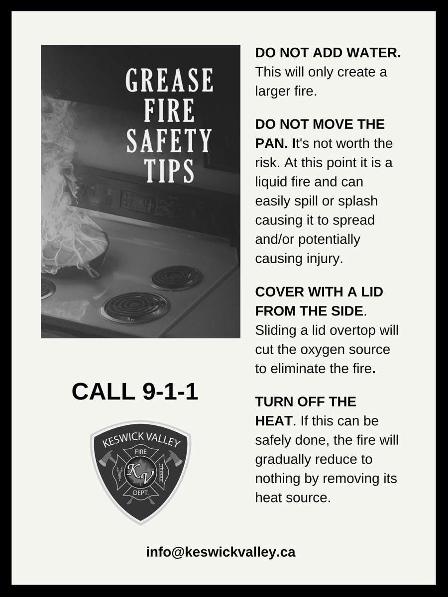 FDKeswickValley's tweet image. General #safetytips to help you handle a #greasefire:
- DO NOT ADD WATER
- DO NOT MOVE THE PAN
- COVER WITH A LID FROM THE SIDE
- TURN OFF THE HEAT
- CALL 9-1-1.
#FPW2023 #FirePreventionWeek #FireSafetyTips #CookingSafetyTips #GreaseFires