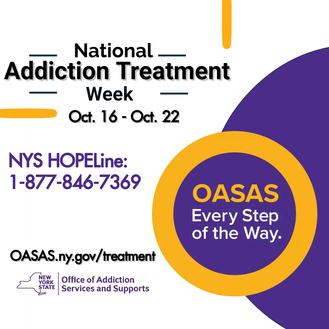 NYSOASAS's tweet photo. Next week is National Addiction Treatment Week.
This observance is designed to raise awareness, and help people find resources and support. 
Learn more at: https://t.co/aur3502VtJ. If you or your loved one needs help, contact the NYS HOPELine any time of day or night. https://t.co/nGp434IRFL