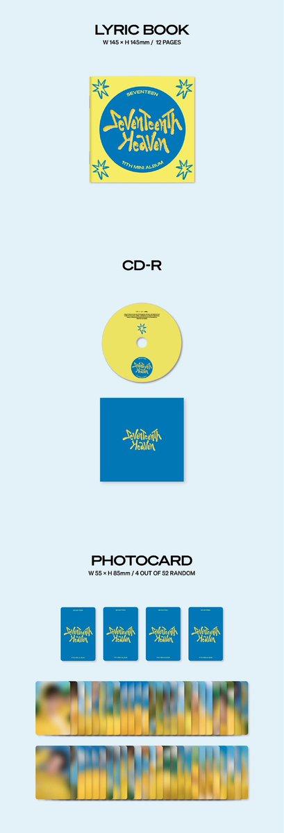 mygosvt's tweet photo. SEVENTEEN 11th Mini Album 'SEVENTEENTH HEAVEN (CARAT Ver.)' 

❶ Outbox
🔸1 out of 13 random
❷ Hardcover / Booklet
🔸1 set 24ea: follow the member you get for hardcover binder
❸ Lyric Book
❹ CD-R
❺ Photocard
🔸4 out of 52 random https://t.co/TXHFDlW8Mq