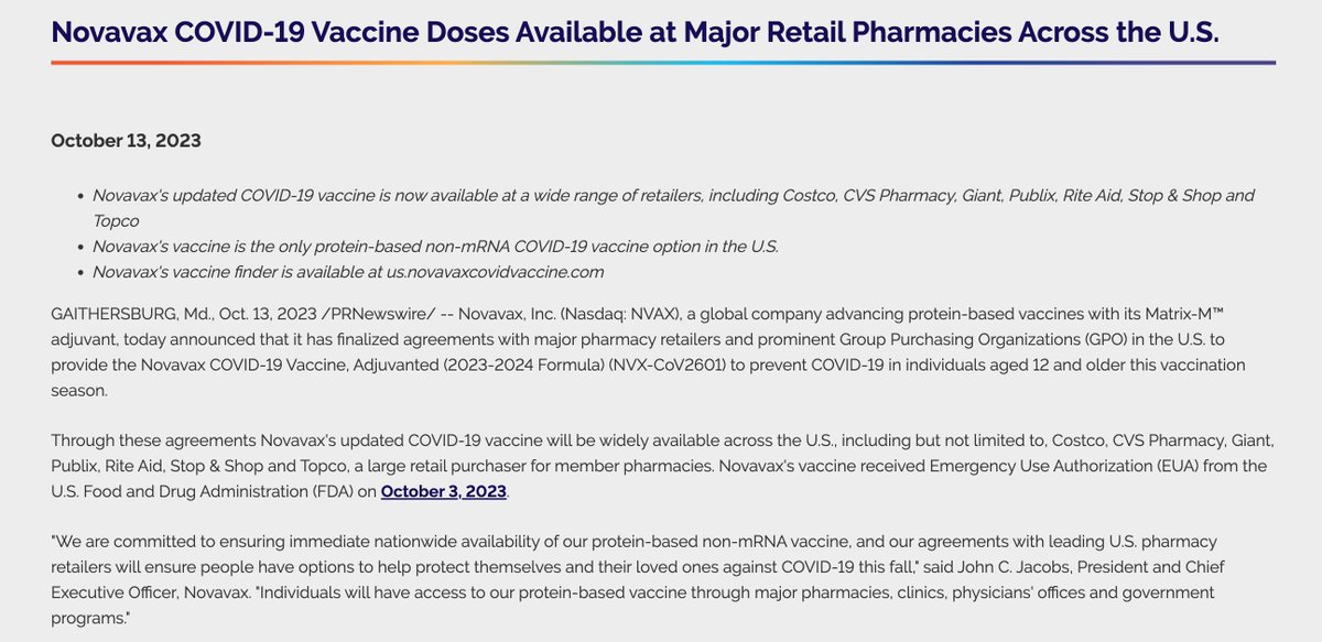 Joaquín Beltrán Free Palestine (@joaquinlife) on Twitter photo Breaking News: Novavax is now available at Costco, CVS Pharmacy, Giant, Publix, Rite Aid, Stop & Shop and Topco! Here are the links.
Costco: costco.web.medrefill.com/csweb/#/store
Rite Aid: riteaid.com/pharmacy/sched…
Publix (Choose non-mRNA): rx.publix.com/en/f/s?eid=0&i….
CVS: (speak to pharmacist) Breaking News: Novavax is now available at Costco, CVS Pharmacy, Giant, Publix, Rite Aid, Stop & Shop and Topco! Here are the links.
Costco: costco.web.medrefill.com/csweb/#/store
Rite Aid: riteaid.com/pharmacy/sched…
Publix (Choose non-mRNA): rx.publix.com/en/f/s?eid=0&i….
CVS: (speak to pharmacist)
