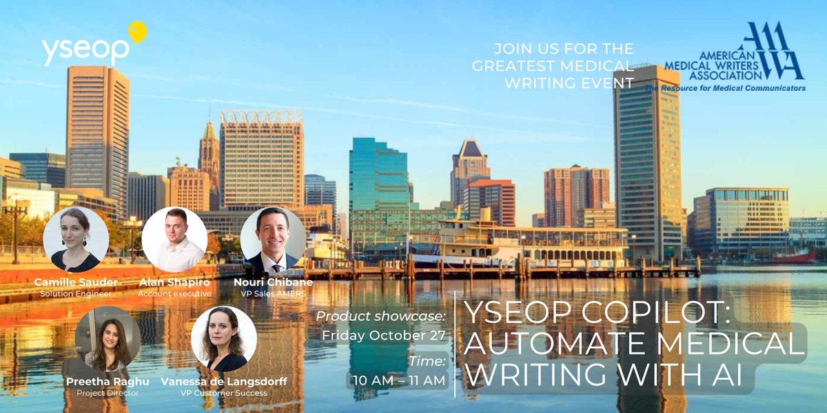yseopAI's tweet photo. Two weeks left until our team is in Baltimore for #AMWA2023. We are exhibiting #Booth20 and hosting a product showcase from 10am-11am on Friday October 27. Learn more & schedule a time to meet https://t.co/tz6OsdzLLf. Contact us to learn more!
@AmMedWriters #AMWA #pharma #ai https://t.co/Gt7aWIUQqv