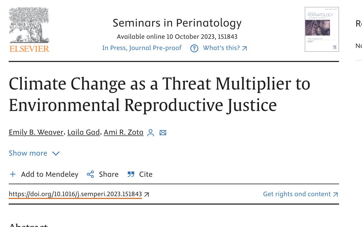 New work from my research group, 'Climate change as a threat multiplier to environmental reproductive justice' led by Emily Weaver featured in @blairwylie and Cecilia Sorensen's special issue on pregnancy health and climate change. sciencedirect.com/science/articl…