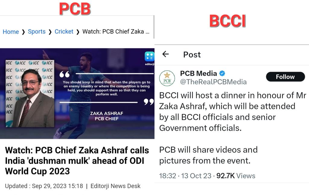 PCB Chief: India is a Dushman Mulk (enemy country). BCCI : Great, let's host a dinner in honour of PCB Chief.