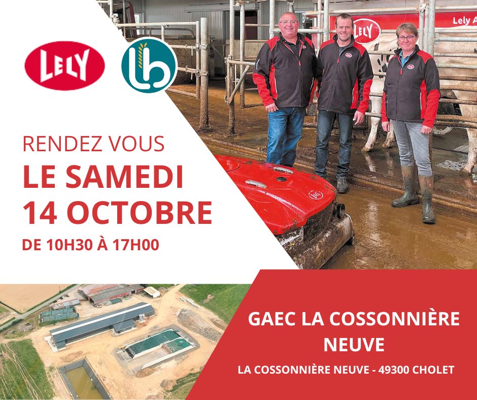📣 RENDEZ VOUS DEMAIN chez GAEC LA COSSONNIÈRE NEUVE à CHOLET. Au programme :
- la découverte de leur ferme équipée de robots de traite, robots aspirateur à lisier et un robot repousse fourrage Lely,
- la présence de nombreux partenaires dont notre équipe LamyBienaimé