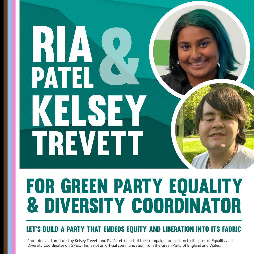 📢 The rerun of @TheGreenParty’s Equalities & Diversity coordinator election is live 💚 For a truly intersectional, diverse party, with liberation at its heart internally and externally, vote @Ria__Patel and me as 1st preference 📆 Voting closes 31st Oct