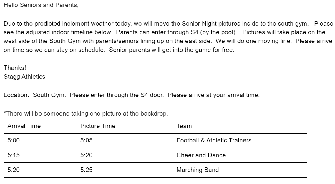 StaggAthletics (@staggathletics) on Twitter photo Due to the inclement weather, we will move senior pictures for tonight's game inside. Please see below schedule. Due to space, each family can bring 4 people inside (including parents) #chargerpride <a href="/AAStaggFootball/">Charger Football</a> <a href="/STAGGCHEER/">Stagg Co-Ed</a> <a href="/StaggPoms/">Stagg Dance Team</a> <a href="/StaggMarching/">Stagg Marching Chargers</a> <a href="/StaggHighSchool/">Stagg High School</a> Due to the inclement weather, we will move senior pictures for tonight's game inside. Please see below schedule. Due to space, each family can bring 4 people inside (including parents) #chargerpride <a href="/AAStaggFootball/">Charger Football</a> <a href="/STAGGCHEER/">Stagg Co-Ed</a> <a href="/StaggPoms/">Stagg Dance Team</a> <a href="/StaggMarching/">Stagg Marching Chargers</a> <a href="/StaggHighSchool/">Stagg High School</a>