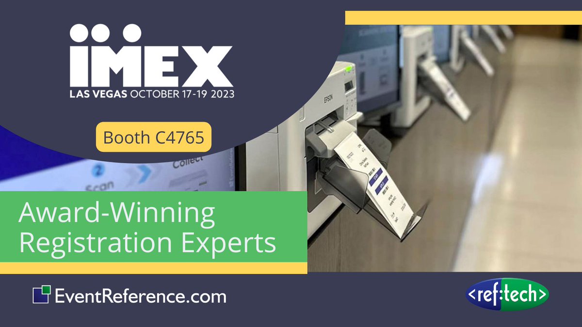 RefTechnology's tweet photo. 🌐Day 2 at IMEX America: Let's dive deeper into our   award-winning registration and badging solutions. From seamless online   registration to cutting-edge onsite badging, we've got you covered.Come see us at Booth C4765 to learn more!#EventRegistration #BadgePrinting #IMEX2023 https://t.co/ILOG4i2OB5
